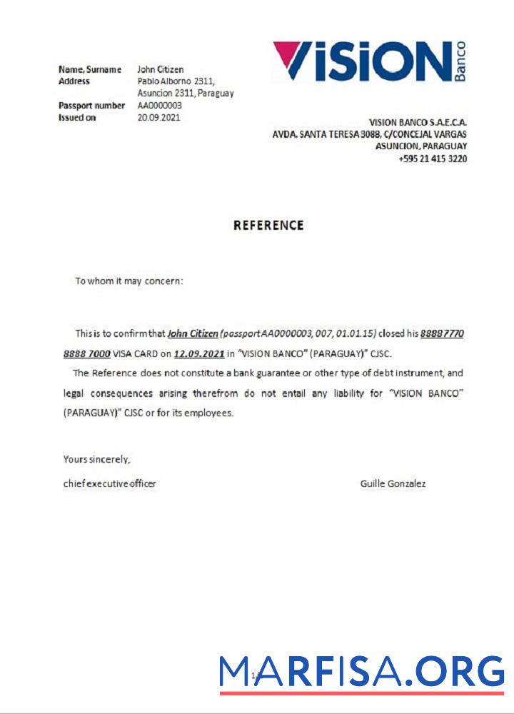 Blank Paraguay Vision closure reference template